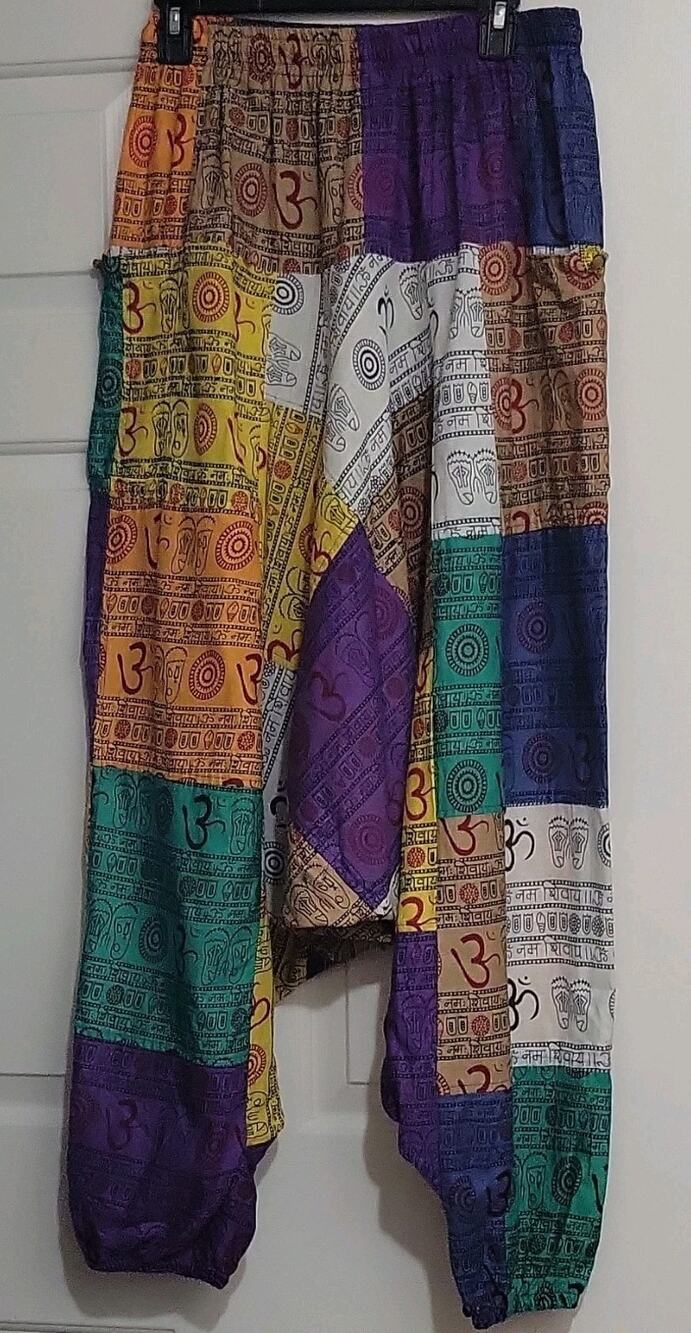 Boho Nepal Patchwork Harem Pants Om Yoga Festival Hippie Cotton Elastic Waist